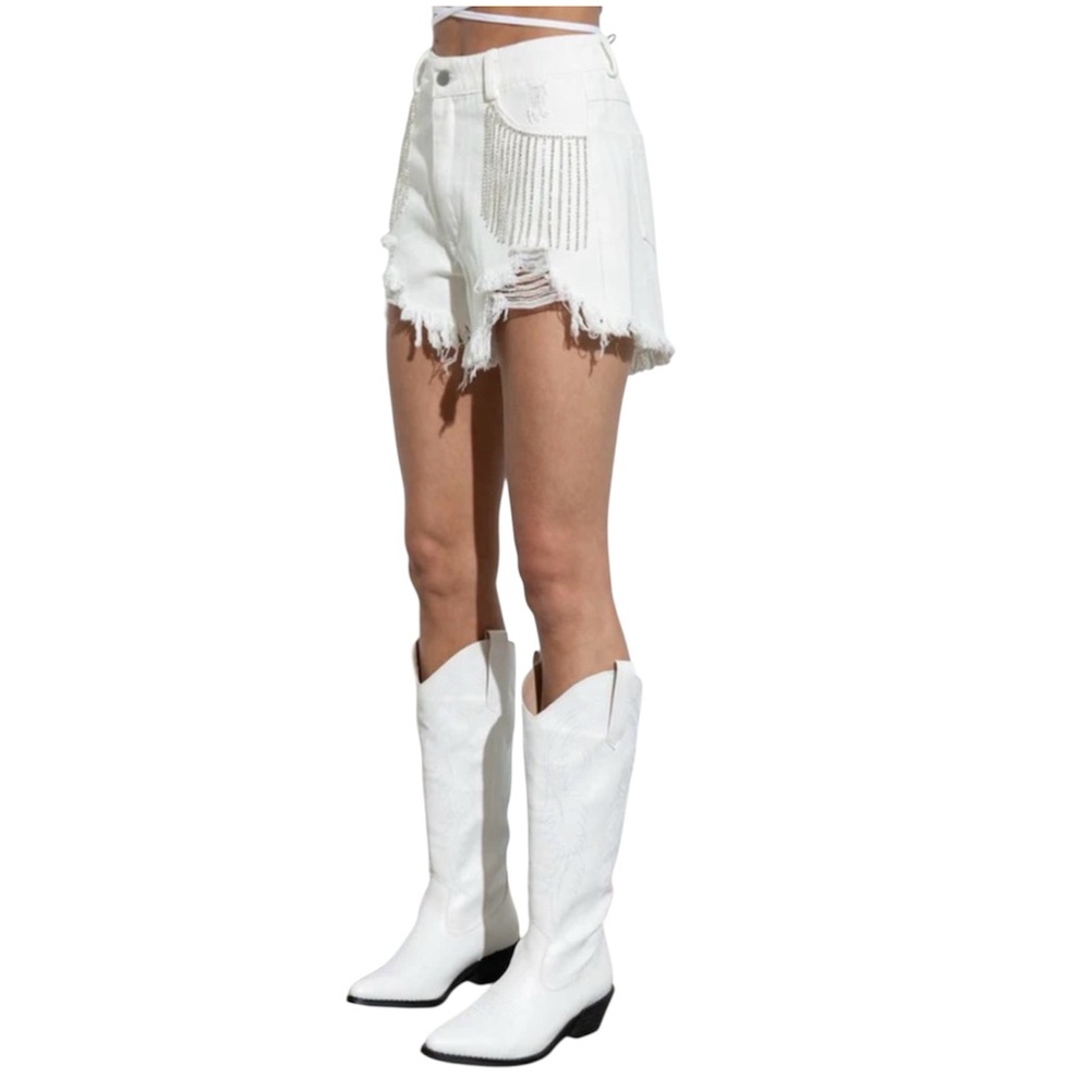 Blue B White Ripped Rhinestone Fringe Shorts - Picture 2 of 11